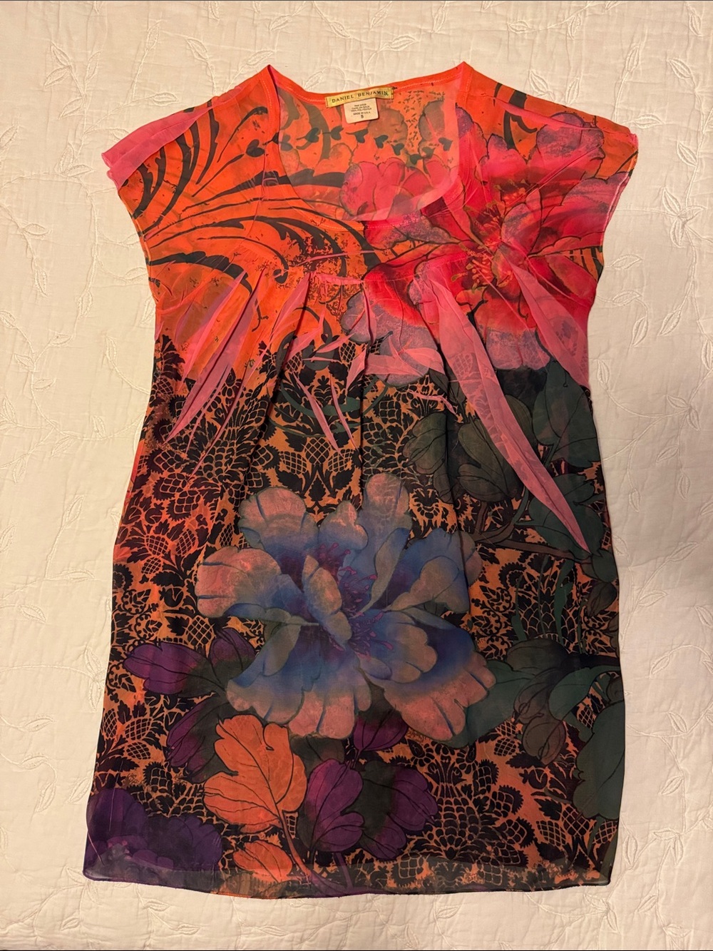 Floral Sheer Orange & Pink Cap-Sleeve Top